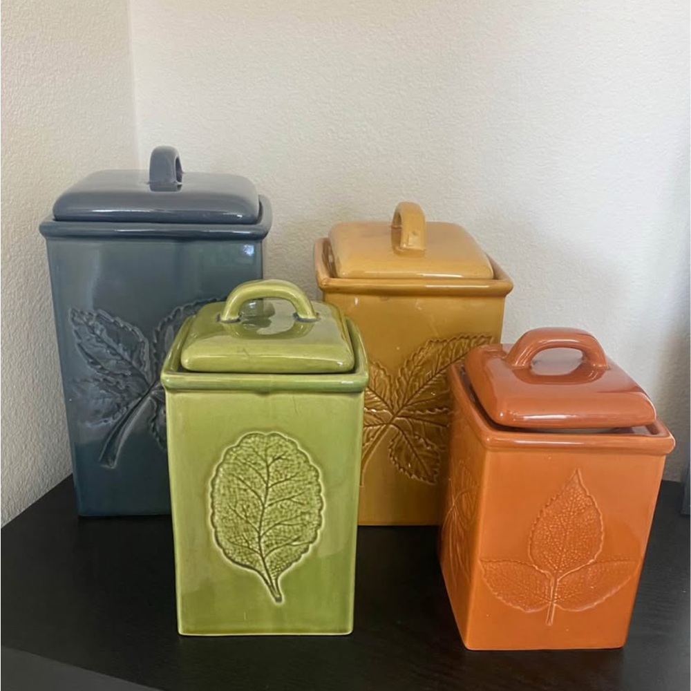 Lillian Vernon Set of Four Leaf Embossed Ceramic Canisters